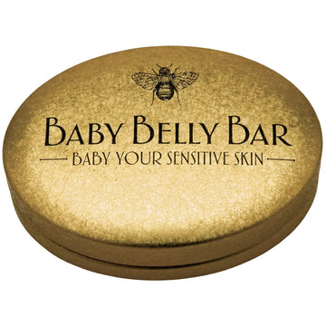 Round container of Baby Belly Bar with branding and product description on a white background