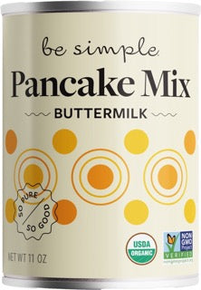 Can of Buttermilk Pancake Mix with 'be simple' branding on a white background