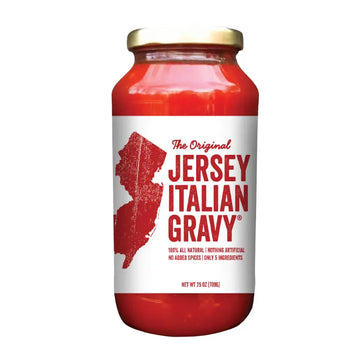 Jar of 'The Original Jersey Italian Gravy' with a red label and gold lid on a white background