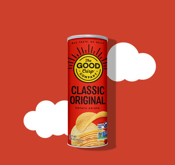 Red can of 'The Good Crisp Company' Classic Original potato crisps on a red background