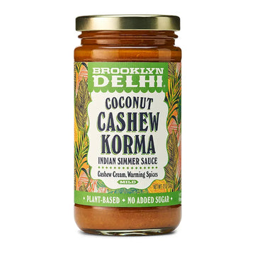 Jar of Brooklyn Delhi Coconut Cashew Korma sauce on a white background