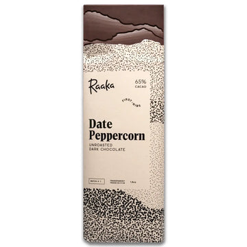 Dark chocolate bar packaging with 'Raaka' branding on a white background