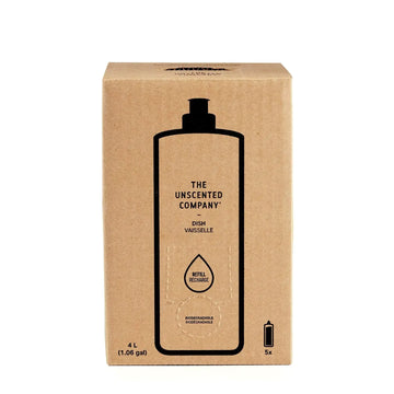 Cardboard box with a black silhouette of a bottle labeled 'The Unscented Company' on a white background.