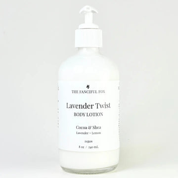 Body lotion bottle labeled 'Lavender Twist' by 'The Fanciful Fox' on a white background