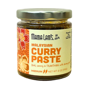 Jar of Mama Lam's Malaysian Curry Paste with decorative label on a white background