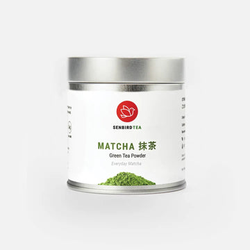 Container of Senbido Tea Matcha green tea powder on a white background