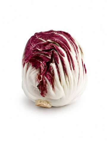A whole head of radicchio lettuce with deep burgundy-red and white striped leaves, isolated on a white background.