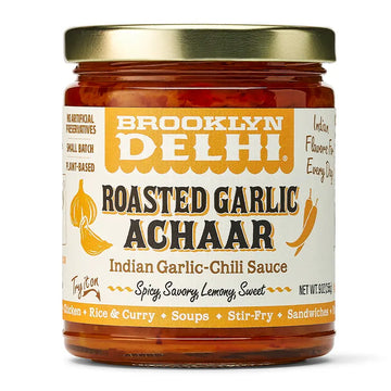 Jar of Brooklyn Delhi Roasted Garlic Achaar on a white background