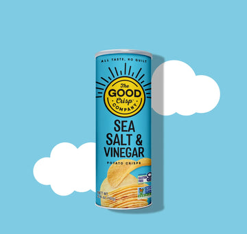 Can of 'Good Crisp' Sea Salt & Vinegar potato chips on a blue background