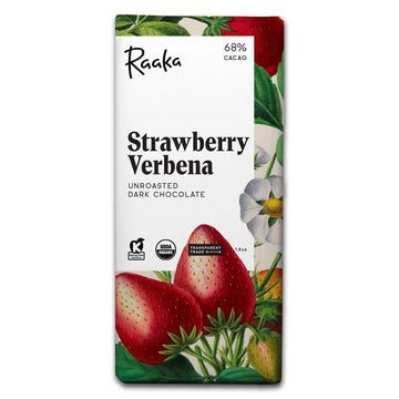 Raaka Strawberry Verbena dark chocolate bar packaging with strawberries and leaves on a white background