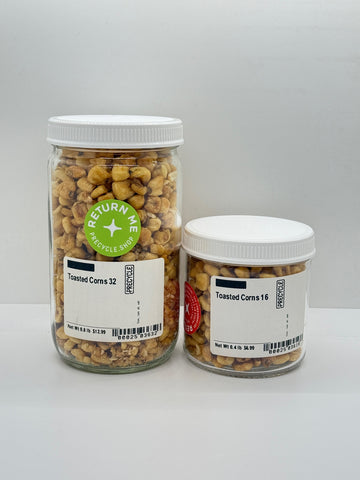 Two jars of toasted corns with labels on a white background