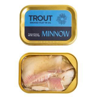 A can of Trout brand smoked fillet in oil, with the product clearly visible behind the gold-colored lid.