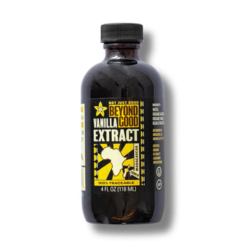 Bottle of Beyond Good Vanilla Extract on a white background