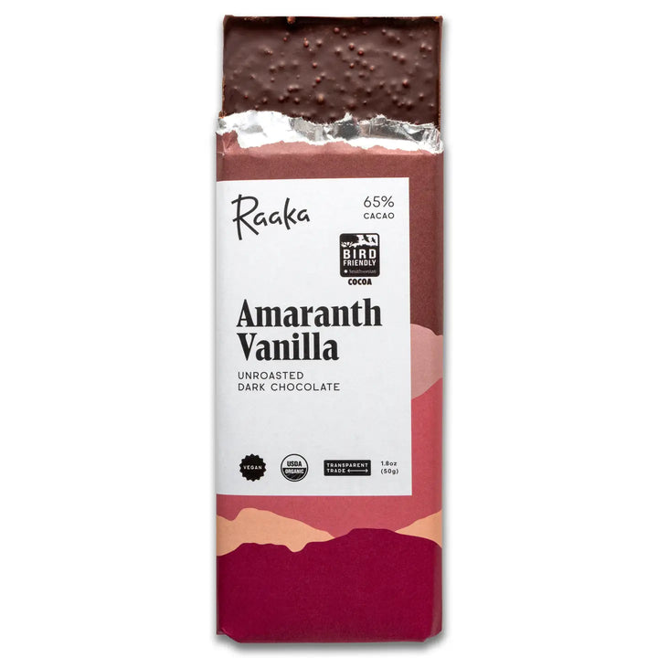 Raaka Amaranth Vanilla dark chocolate bar on a white background