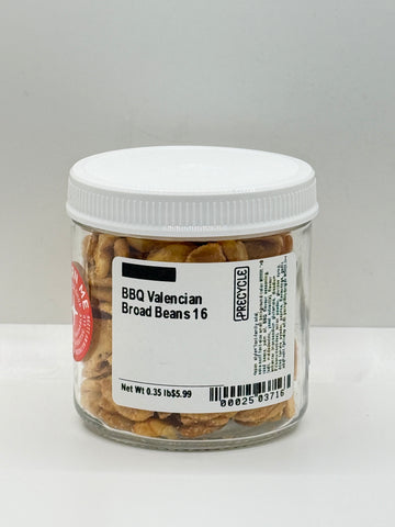 Jar of BBQ Valencian Broad Beans with a white lid on a light gray background