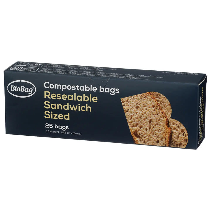 Box of BioBag compostable sandwich-sized bags on a white background