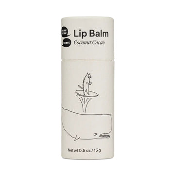 Lip balm container with coconut cacao flavor on a white background