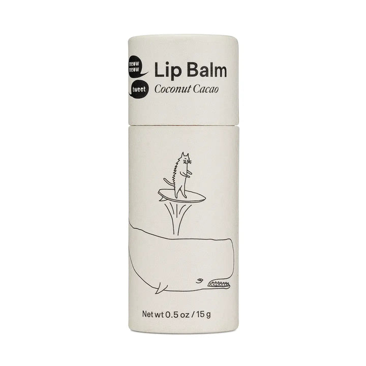 Lip balm container with coconut cacao flavor on a white background
