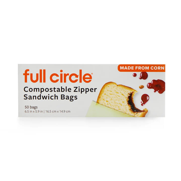 Box of full circle compostable zipper sandwich bags on a white background