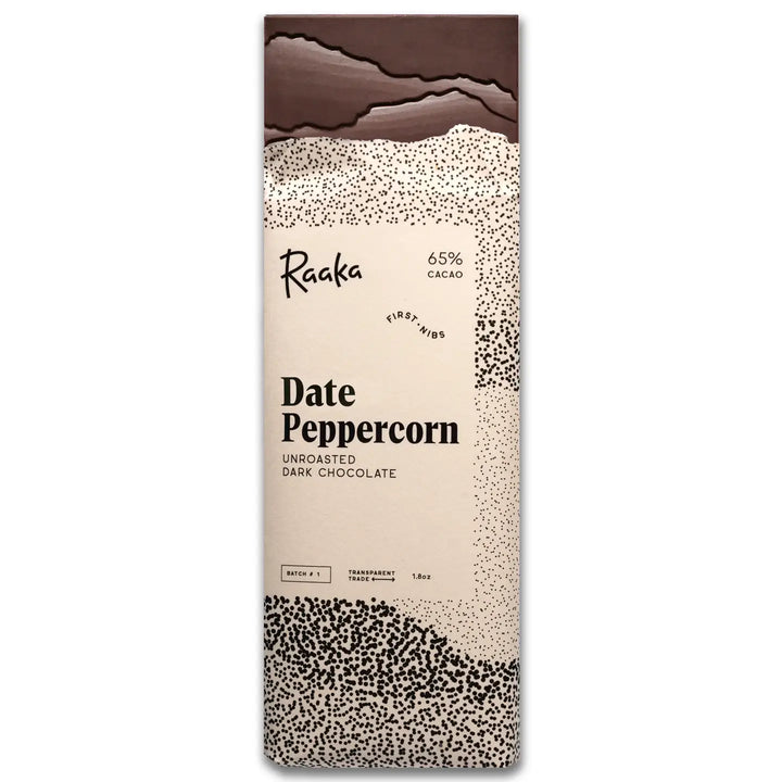 Dark chocolate bar packaging with 'Raaka' branding on a white background