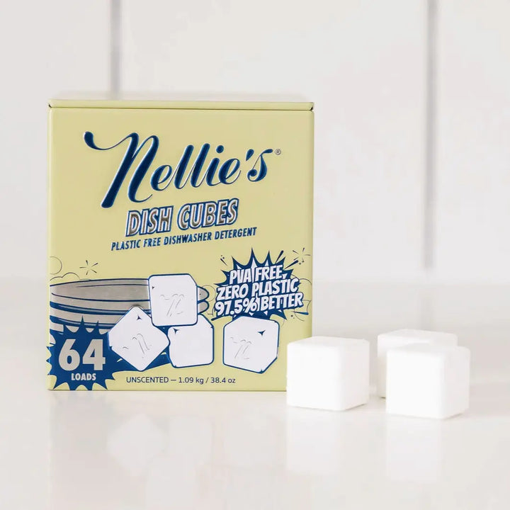 Box of Nellie's Dish Cubes with two cubes on a white background