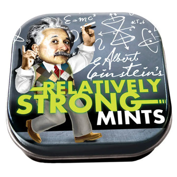 Tin labeled 'Albert Einstein's Relatively Strong Mints' with a humorous design featuring the scientist.