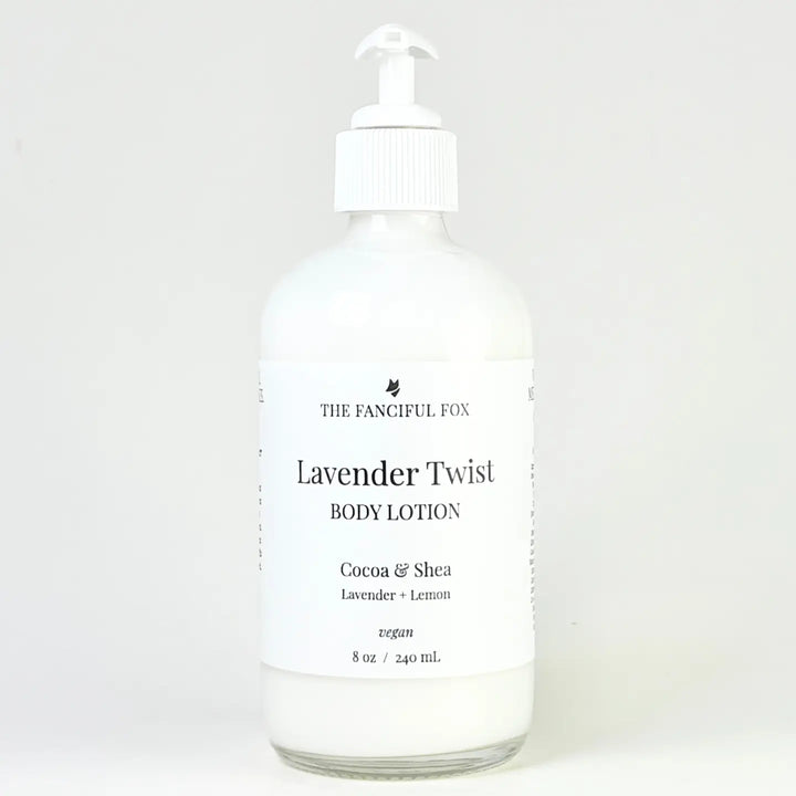 Body lotion bottle labeled 'Lavender Twist' by 'The Fanciful Fox' on a white background