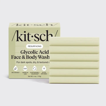 Kitsch glycolic acid face and body wash with packaging on a white background