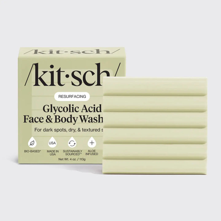 Kitsch glycolic acid face and body wash with packaging on a white background