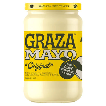 Jar of Graza Mayo with yellow label on a white background