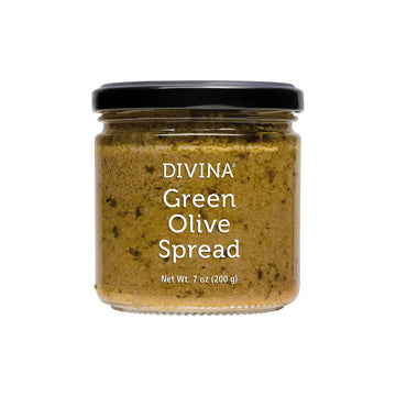 Jar of Divina Green Olive Spread on a white background