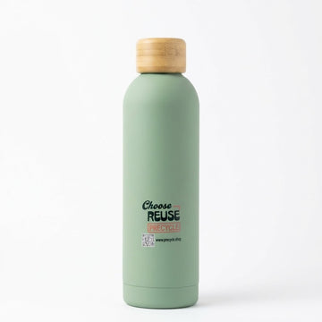 A matte sage green reusable water bottle with a light natural wood cap, featuring a 'Choose REUSE PRECYCLE' campaign label on the front, set against a plain white background.