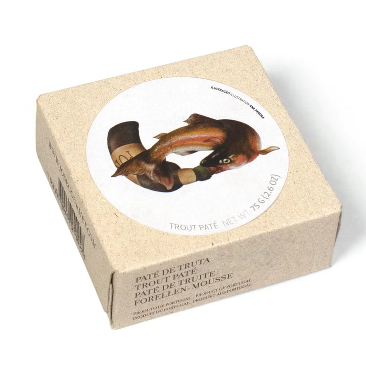 Box of trout pâté with a label on a white background