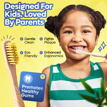 Child brushing teeth with a wooden toothbrush on a yellow background, featuring text about the product's benefits.