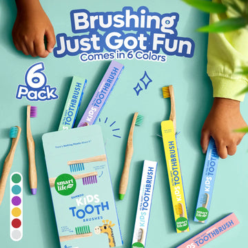 Children's toothbrushes with packaging on a light blue background, featuring the brand 'smart life'.