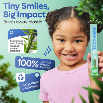 Child holding a toothbrush with sustainability features highlighted on a green background