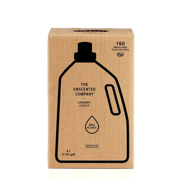 Cardboard box for laundry detergent with 'The Unscented Company' branding on a white background