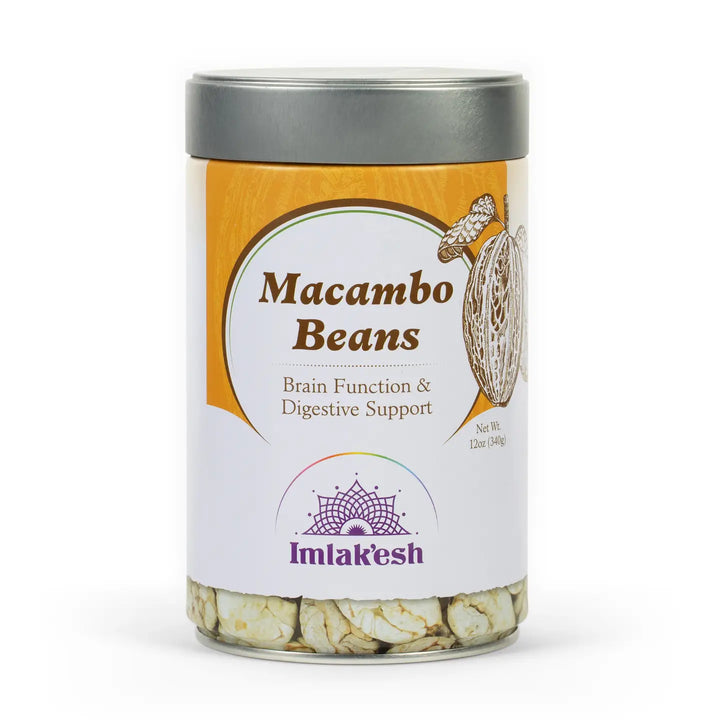 Canister of Macambo Beans with a label on a white background