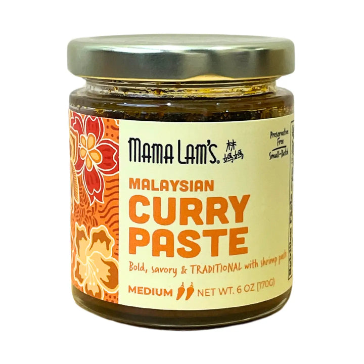 Jar of Mama Lam's Malaysian Curry Paste with decorative label on a white background
