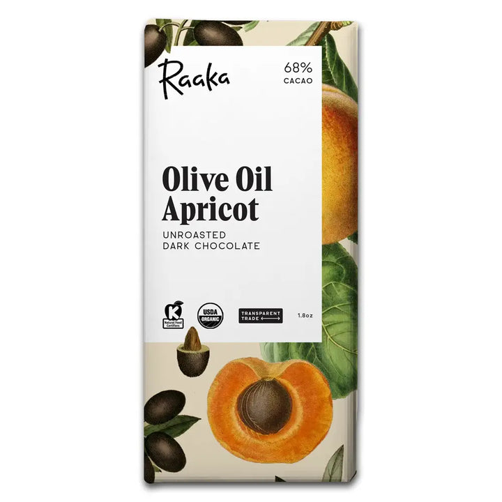 Raaka Olive Oil Apricot dark chocolate bar packaging on a white background