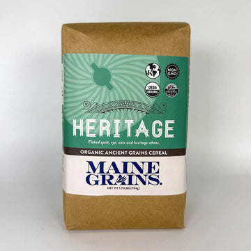 Bag of Maine Grains Heritage cereal with green and brown design on a white background