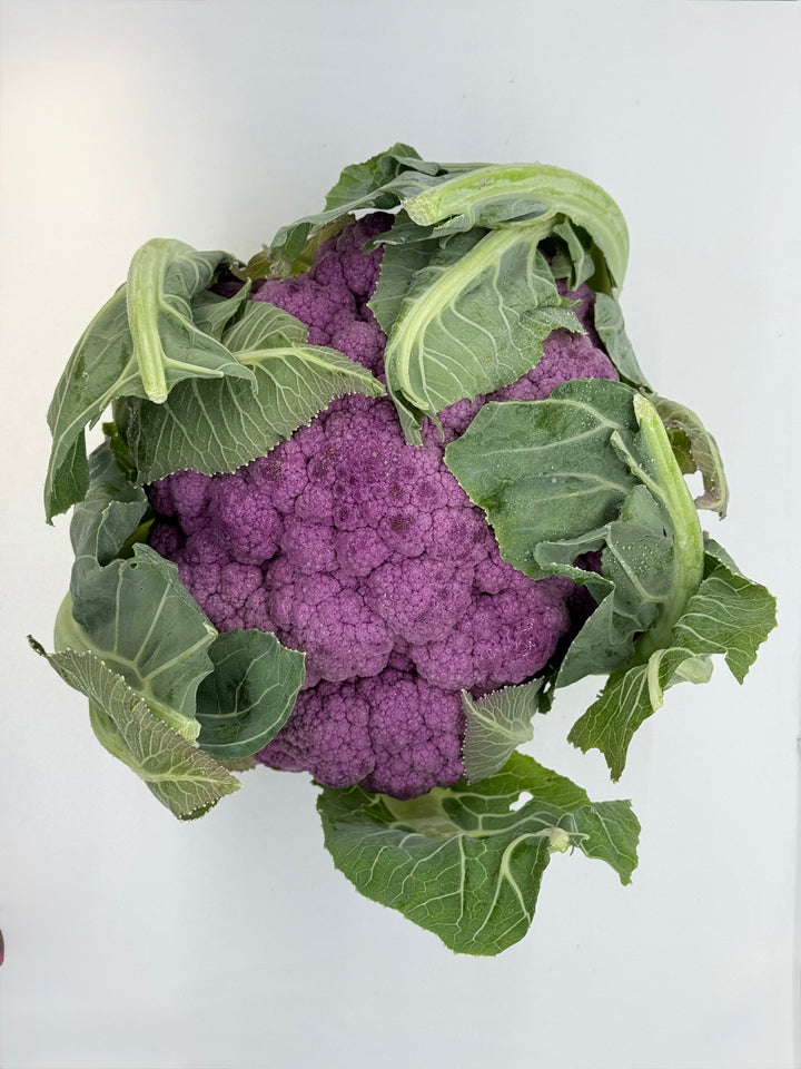 Purple cauliflower with green leaves on a light gray background
