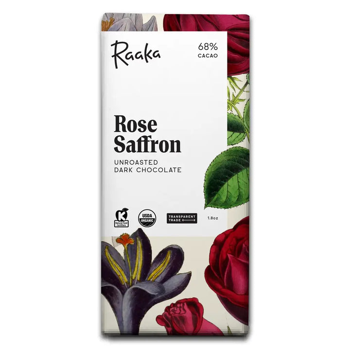 Raaka Rose Saffron dark chocolate bar packaging with floral illustrations on a white background