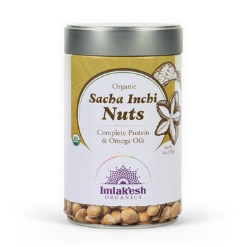 Canister of Sacha Inchi Nuts with Imlak'esh Organics label on a white background