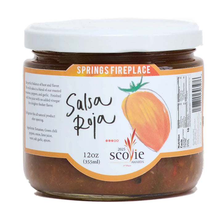 A 12 oz glass jar of Scoie Premieres Salsa Roja from Springs Fireplace, featuring a white lid and a white label with orange and black text, set against a plain white background.