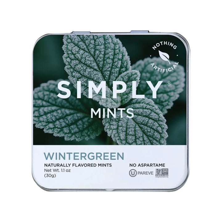 Tin of Simply Mints with wintergreen flavor on a white background