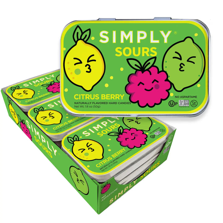 Simply Sours Citrus Berry candy tins with colorful packaging on a white background