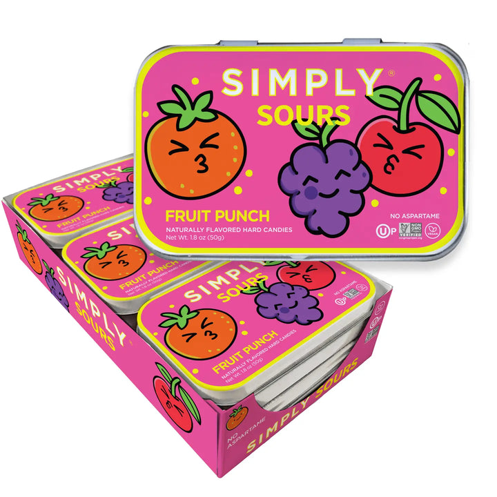 Pink packaging of Simply Sours Fruit Punch candy tins with cartoon fruit illustrations on a white background.