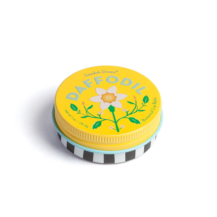 Tin with yellow lid featuring a daffodil design on a white background