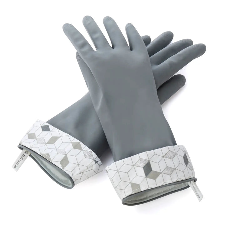 Pair of gray gloves with geometric patterned cuffs on a white background